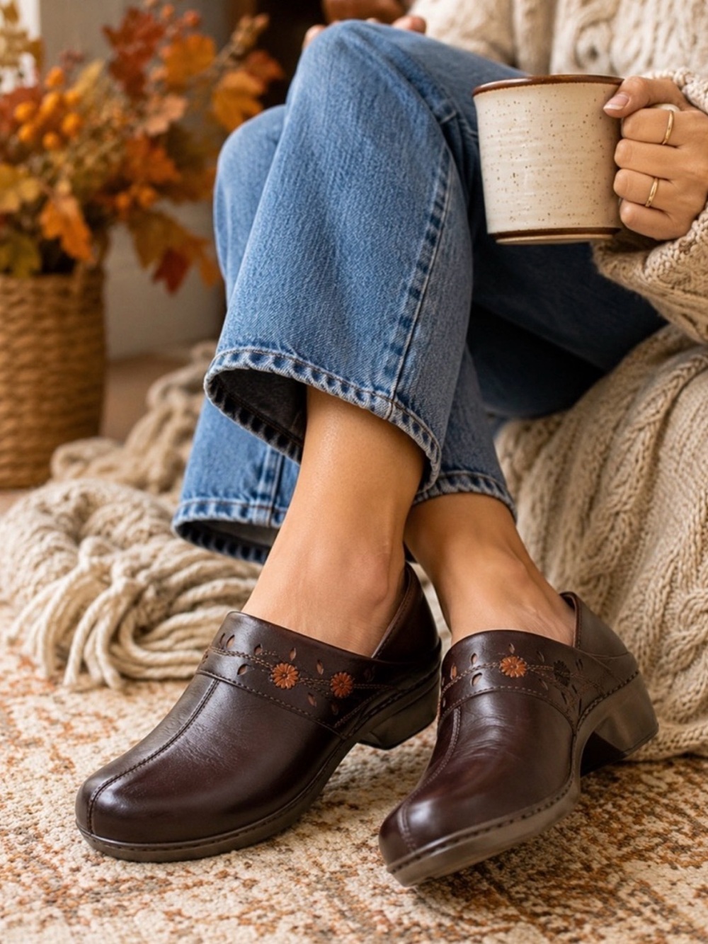 Dansko Brown Leather Floral-Accent Clogs EU 37/US 7